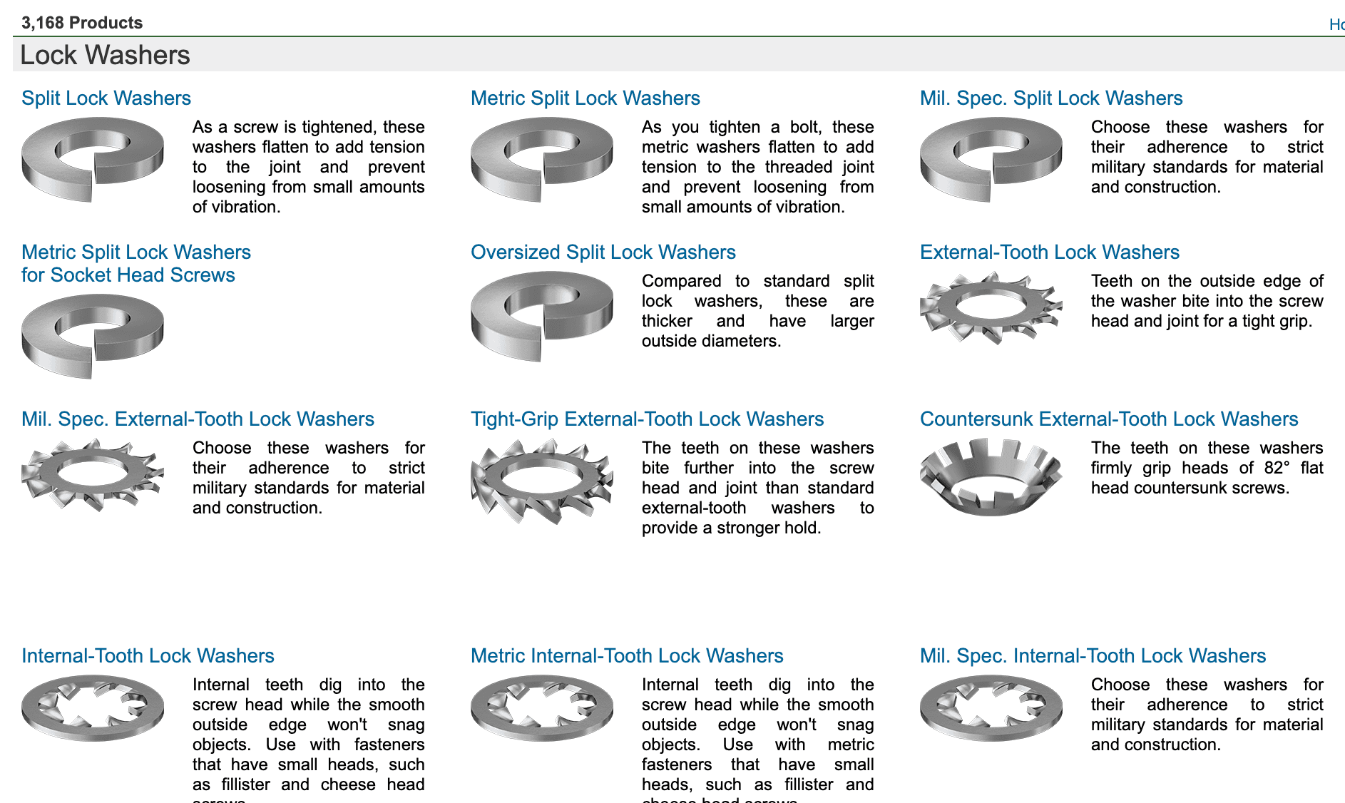 many varieties of lock washers