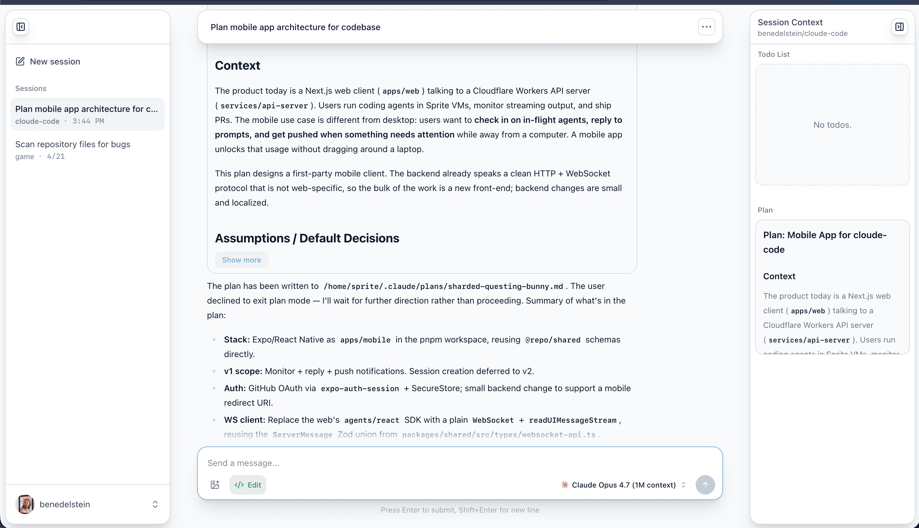 Cloude Code session UI showing a planning task for a mobile app codebase