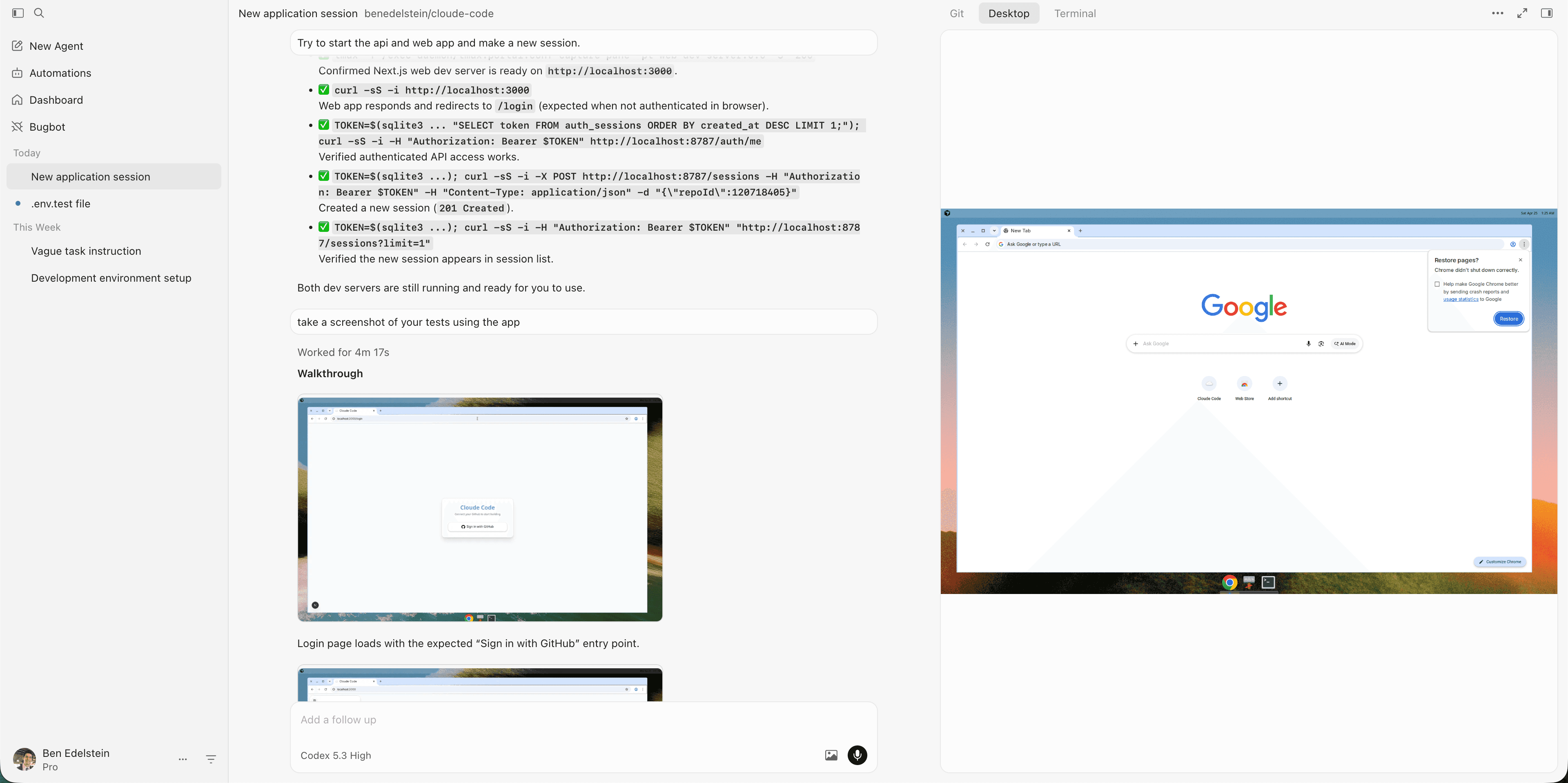 Cursor cloud agent interface with a remote desktop view of a Chrome browser alongside the chat panel